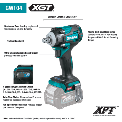 40V max XGT® Brushless Cordless 4‑Speed 1/2" Sq. Drive Impact Wrench w/ Friction Ring Anvil, Tool Only