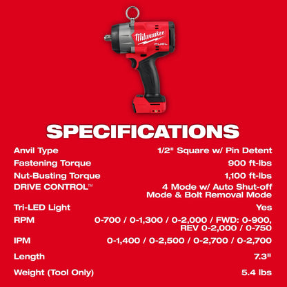 M18 FUEL 1/2" High Torque Impact Wrench w/ Pin Detent 2966-20